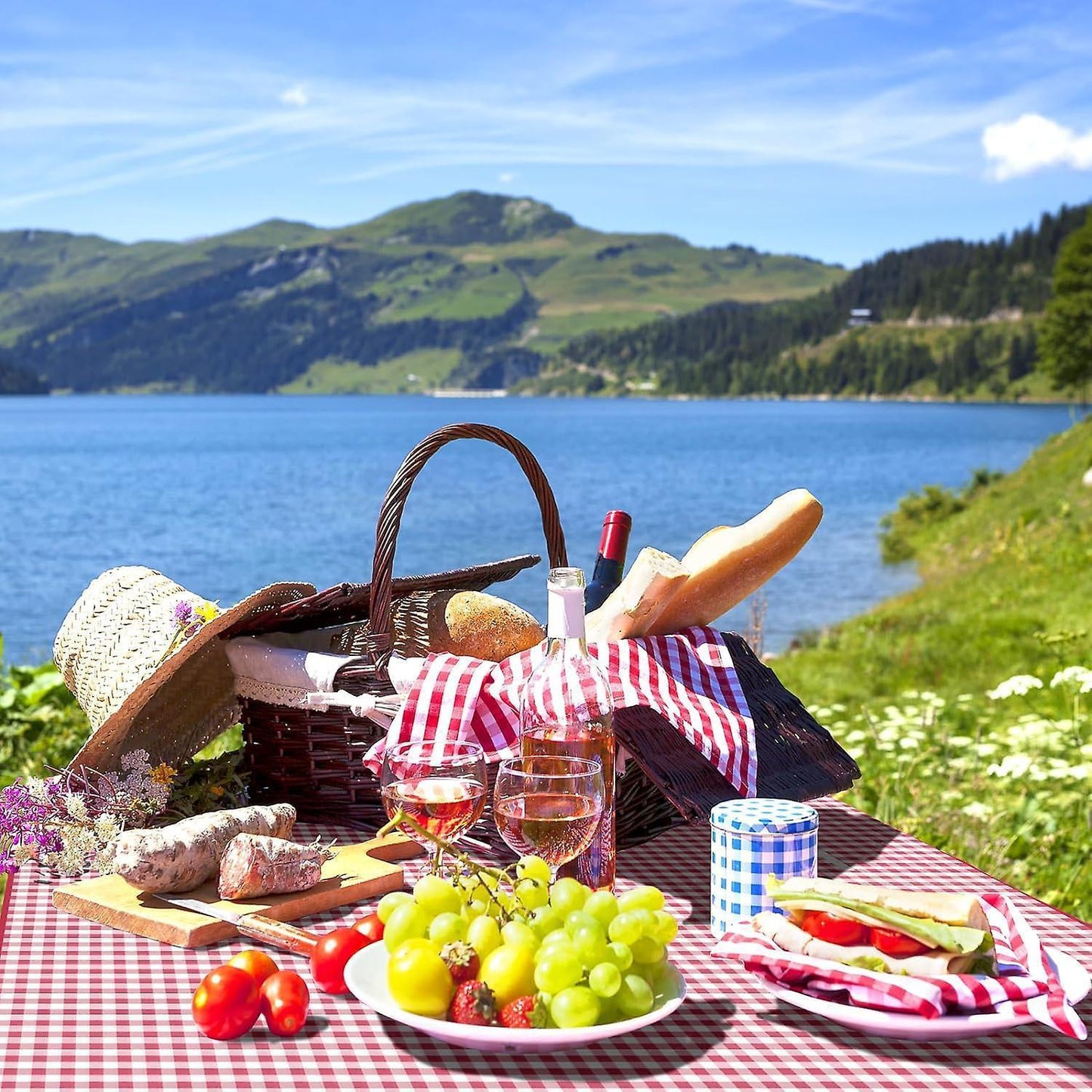 Lake Eildon Gingham Picnic Rug - picnic basket scene